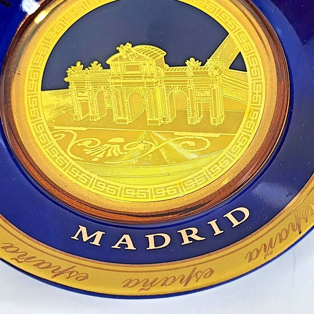 Puerta De Alaca Madrid Spain España 24k Gold Plated Cobalt Blue Souvenir Plate